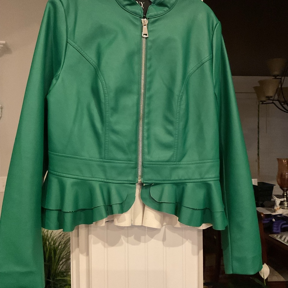 New York & Company Green Faux Leather Jacket with Ruffle Hem